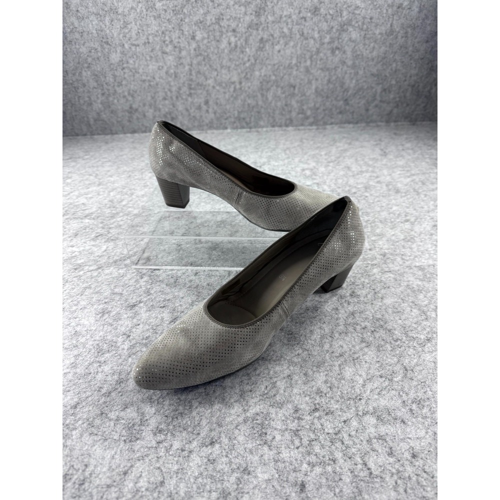 Ara Slip-On Block Heels Pumps Women's 6.5 Gray Suede Perforated Metallic Shimmer